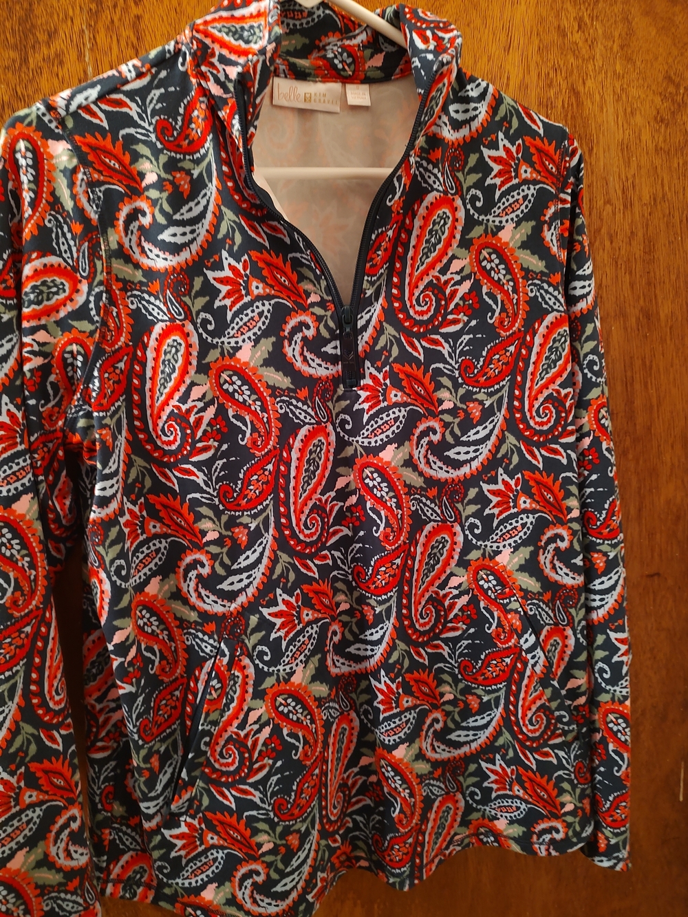 Belle by Kim Gravel Navy Paisley Pullover with Red and White Accents